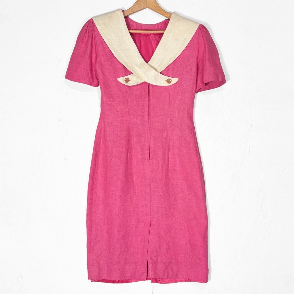 VTG 60s Oberon Pink Sailor Collar Sheath Dress Size 4 Retro Mad Men Mid Century